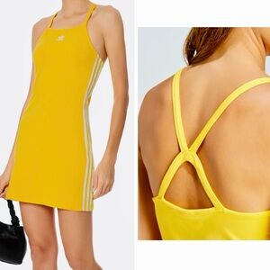 ADIDAS 3 Stripes Stretchy Vibrant Yellow Mini Dress w Strappy Back